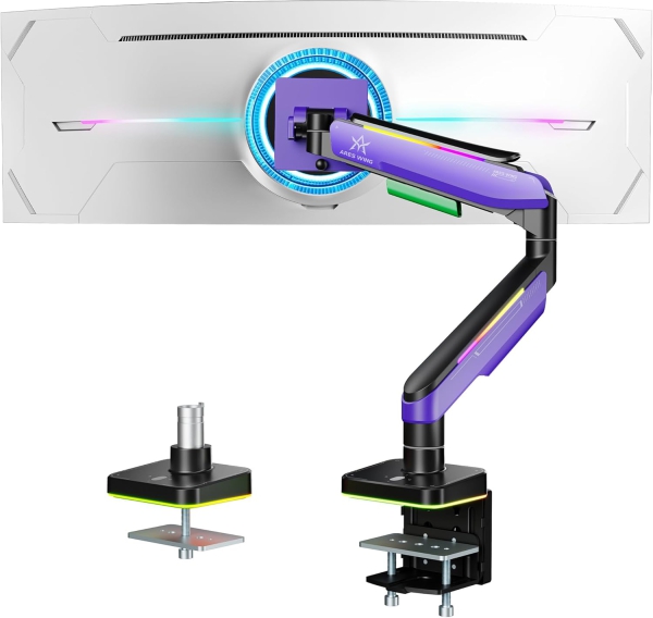 ARES WING RGB Supporto Monitor Gaming (Viola) per 17–49 Pollici (Braccio Heavy Duty Ispirato a Mech con Illuminazione RGB Immersiva fino a 20 kg)