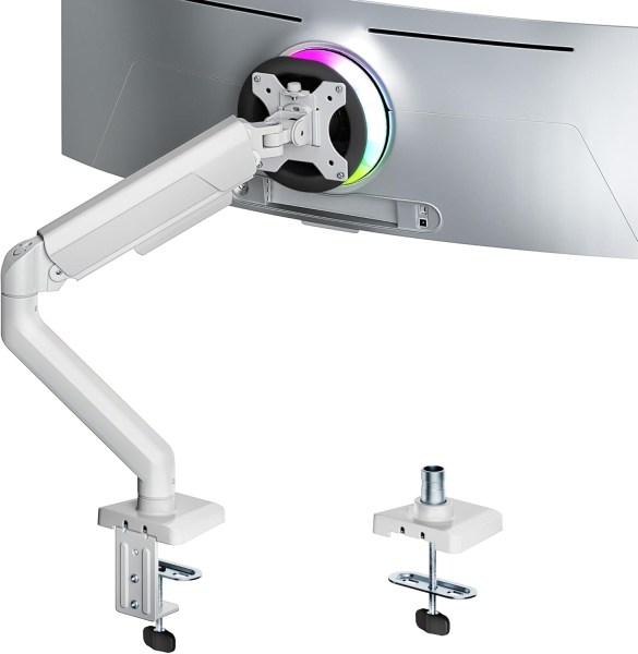 ARES WING Supporto da Tavolo Monitor (Bianco) per Schermi 17–40 Pollici (Elegante Braccio a Molla a Gas in Bianco per Schermi Curvi e Piatti fino a 12 kg)