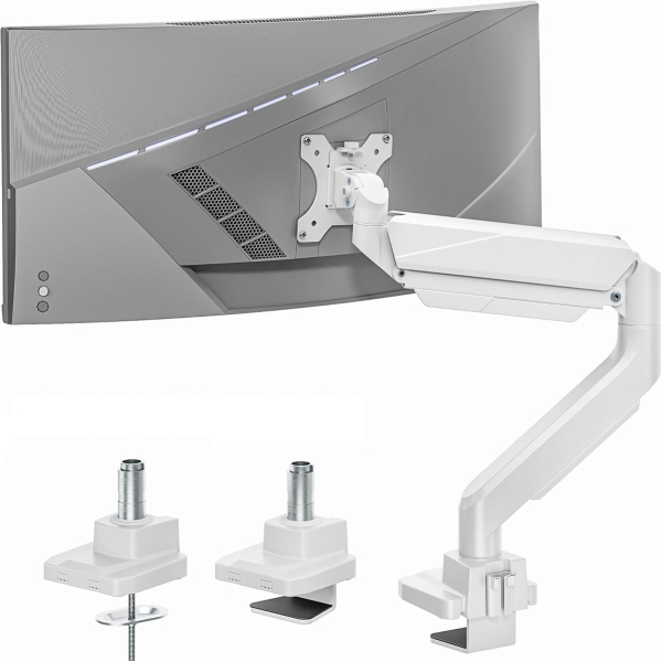 Braccio per monitor ARES WING Bianco 17–49" | fino a 18 kg (Supporto Ergonomico a Molla a Gas per Display Ultrawide & Curvi – VESA 75/100.)