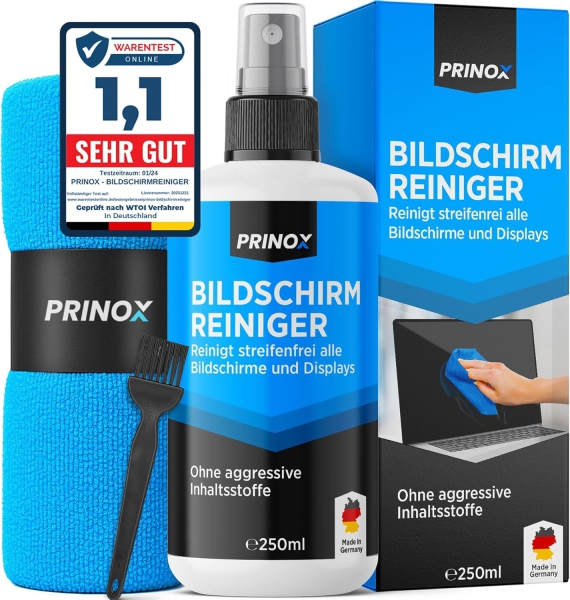 PRINOX Kit Pulizia Schermo 250ml con Panno in Microfibra & Pennello (Made in Germany: Cura senza aloni per monitor LCD, OLED & VESA – Rimuove grasso & impronte digitali.)