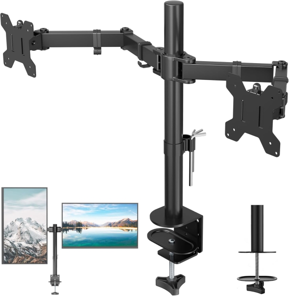 Supporto per monitor BONTEC 2 monitor per schermi piatti e curvi da 13-27 pollici, supporto da tavolo per monitor regolabile in altezza, inclinabile, orientabile, girevole, 10 kg per braccio, VESA 75x75 / 100x100, nero