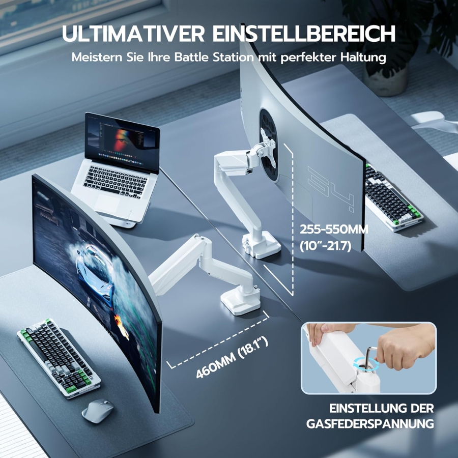 ARES WING Braccio Monitor Gaming Ultra Resistente Bianco per 17-49 Pollici (Max. 18 kg) (Supporto Ergonomico a Molla a Gas per Display Ultrawide & Curvi – VESA 75/100.)