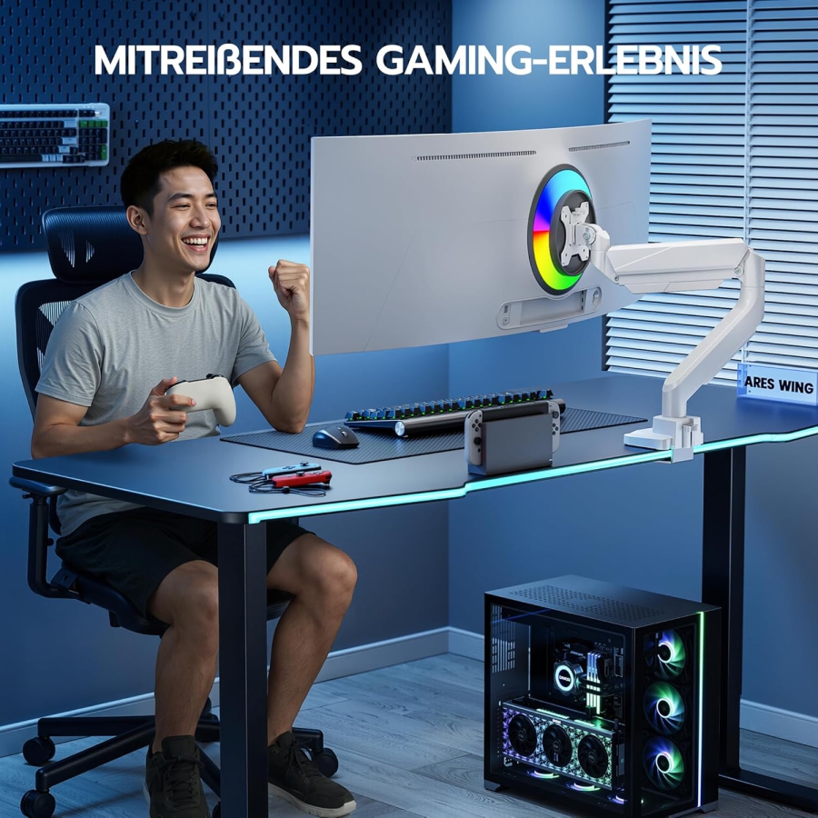 ARES WING Braccio Monitor Gaming Ultra Resistente Bianco per 17-49 Pollici (Max. 18 kg) (Supporto Ergonomico a Molla a Gas per Display Ultrawide & Curvi – VESA 75/100.)