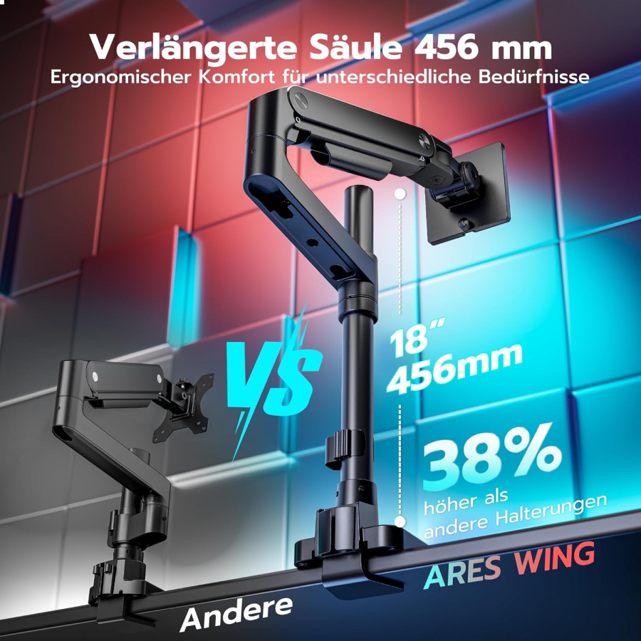 ARES WING Braccio Monitor Heavy Duty 17-49 Pollici (fino a 20 kg) – Molla a Gas (Colonna extra alta e portata di 20 kg per schermi Ultrawide e Curvi.)