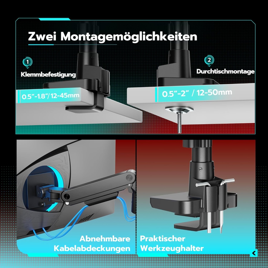 ARES WING Braccio Monitor Heavy Duty 17-49 Pollici (fino a 20 kg) – Molla a Gas (Colonna extra alta e portata di 20 kg per schermi Ultrawide e Curvi.)