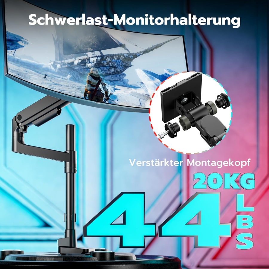 ARES WING Braccio Monitor Heavy Duty 17-49 Pollici (fino a 20 kg) – Molla a Gas (Colonna extra alta e portata di 20 kg per schermi Ultrawide e Curvi.)