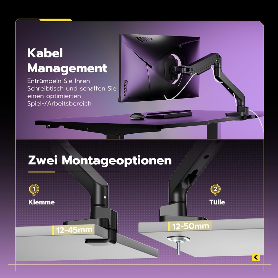 ARES WING Premium Monitorhalterung 17-49" – Braccio a molla a gas fino a 20 kg, Nero (Massima portata ed ergonomia: la tua Monitorhalterung premium per il gaming e la produttività.)