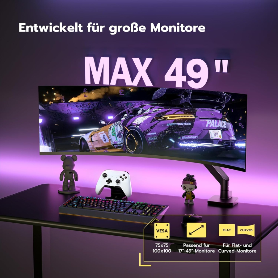 ARES WING Premium Monitorhalterung 17-49" – Braccio a molla a gas fino a 20 kg, Nero (Massima portata ed ergonomia: la tua Monitorhalterung premium per il gaming e la produttività.)