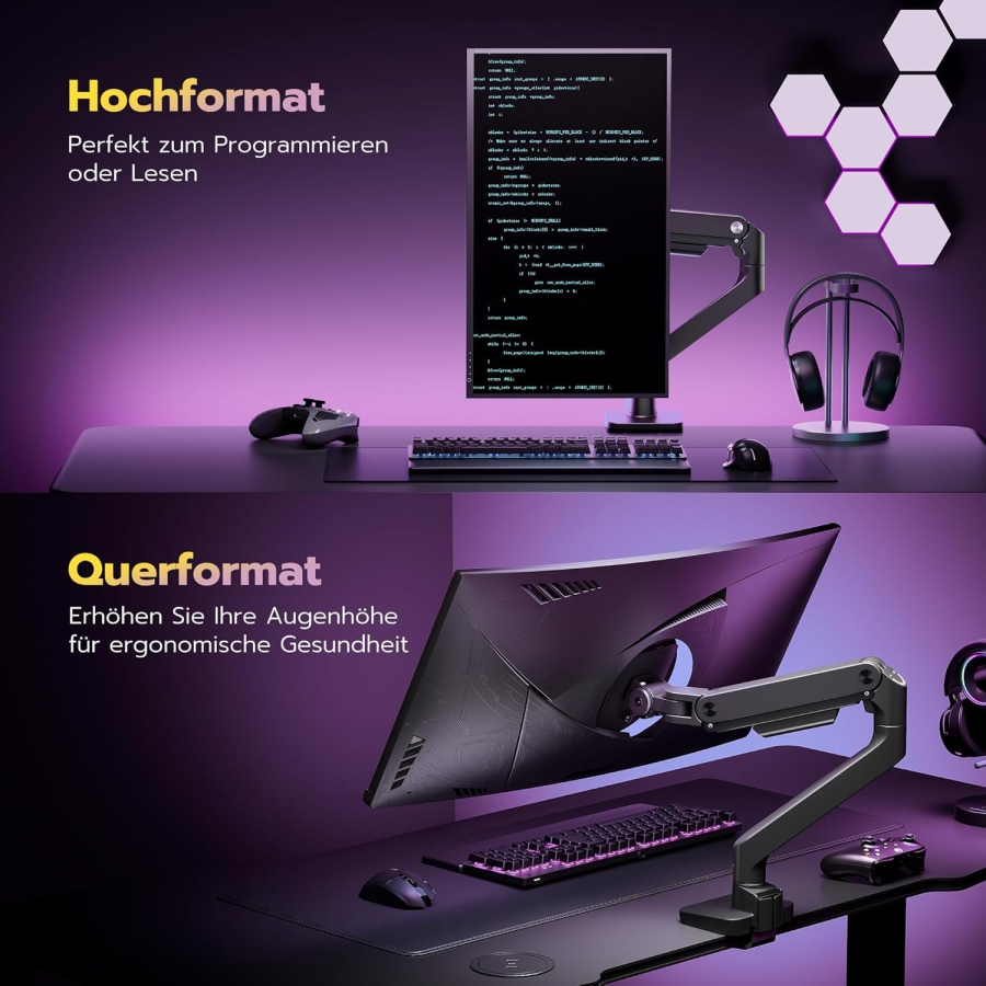 ARES WING Premium Monitorhalterung 17-49" – Braccio a molla a gas fino a 20 kg, Nero (Massima portata ed ergonomia: la tua Monitorhalterung premium per il gaming e la produttività.)