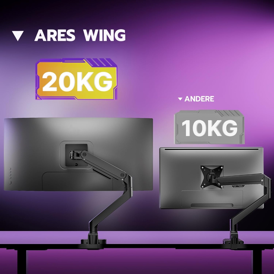 ARES WING Premium Monitorhalterung 17-49" – Braccio a molla a gas fino a 20 kg, Nero (Massima portata ed ergonomia: la tua Monitorhalterung premium per il gaming e la produttività.)