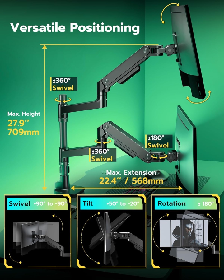 ARES WING Supporto 2 monitor per monitor da 17-49", fino a 20 kg per braccio, carico massimo estremo, per monitor da gioco