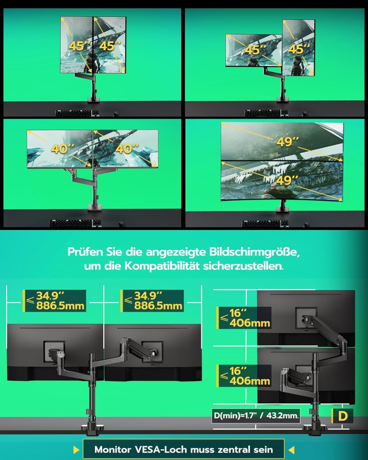 ARES WING Supporto 2 monitor per monitor da 17-49", fino a 20 kg per braccio, carico massimo estremo, per monitor da gioco