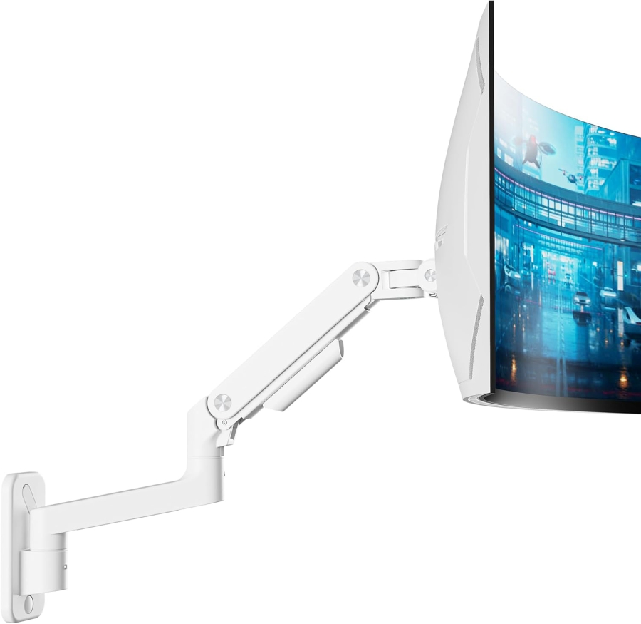 ARES WING Supporto a Muro per Monitor Heavy Duty (Bianco) per 17–49 Pollici (Perfetto per Monitor Ultrawide & Curvi. Braccio con Molla a Gas con Capacità di Carico di 20 kg)