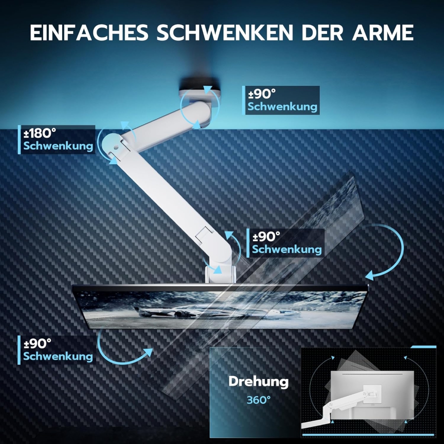 ARES WING Supporto a Muro per Monitor Heavy Duty (Bianco) per 17–49 Pollici (Perfetto per Monitor Ultrawide & Curvi. Braccio con Molla a Gas con Capacità di Carico di 20 kg)