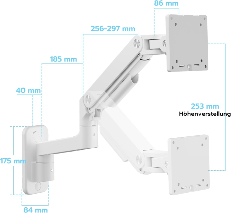 ARES WING Supporto a Muro per Monitor Heavy Duty (Bianco) per 17–49 Pollici (Perfetto per Monitor Ultrawide & Curvi. Braccio con Molla a Gas con Capacità di Carico di 20 kg)