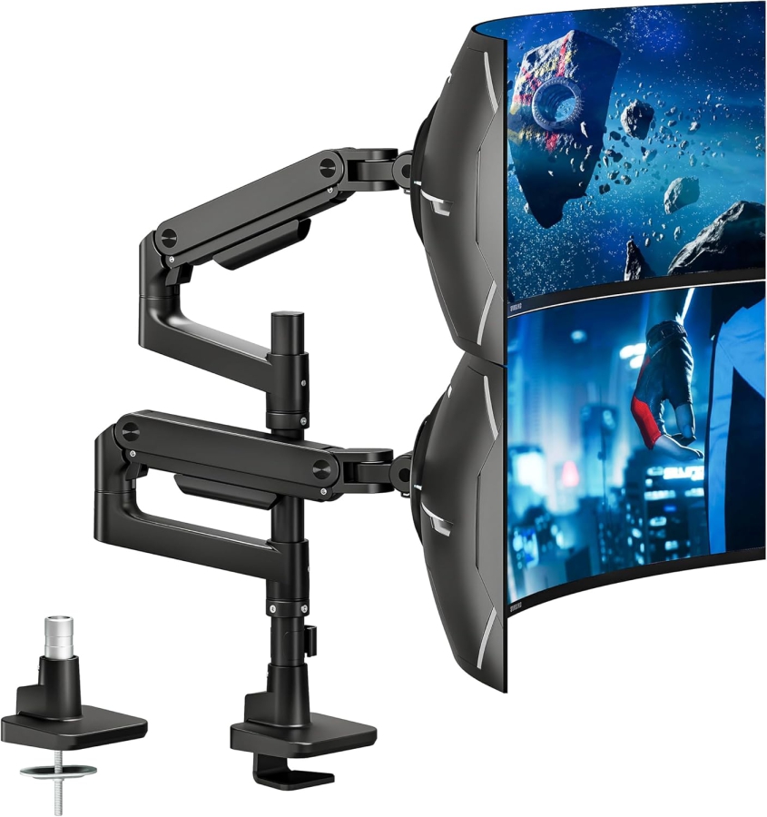 ARES WING Supporto Doppio Monitor per 17–49 Pollici (Verticale & Orizzontale) (Sistema a molla a gas Heavy Duty per due monitor fino a 20 kg ciascuno – Sovrapponibili o affiancabili.)