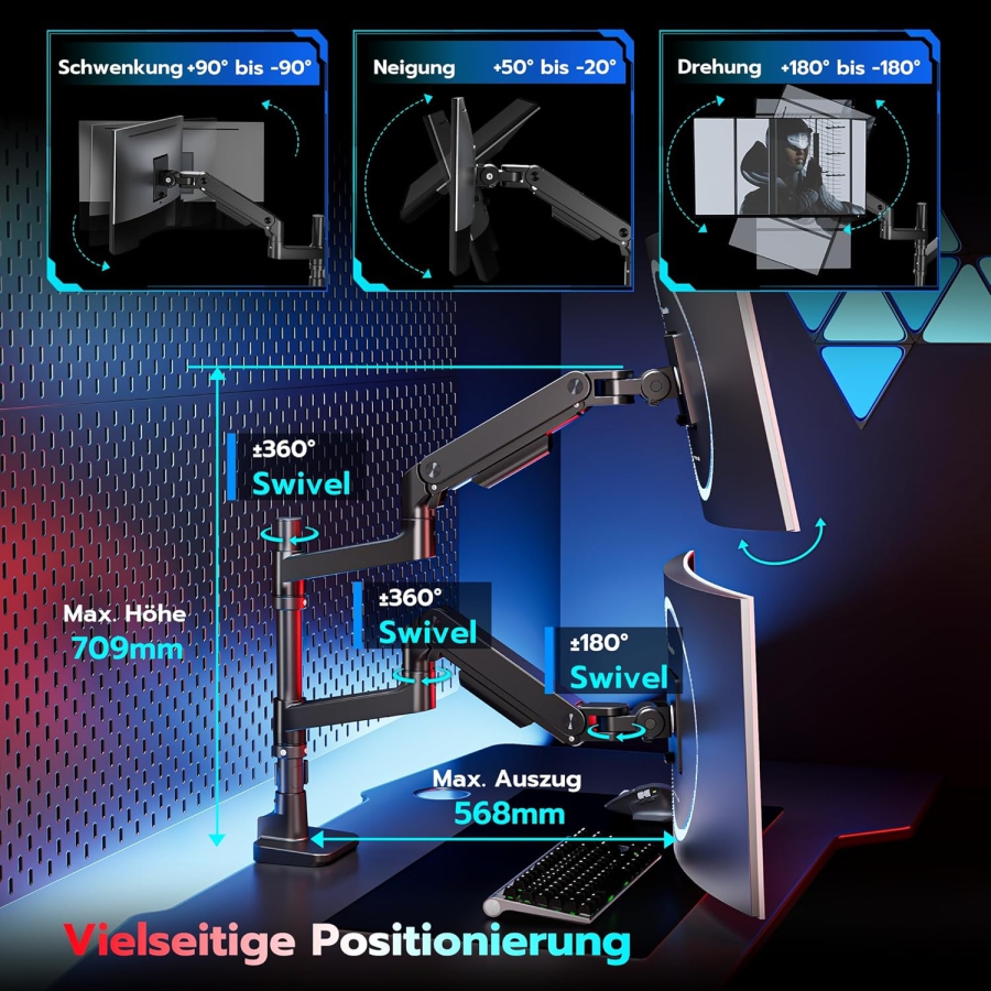 ARES WING Supporto Doppio Monitor per 17–49 Pollici (Verticale & Orizzontale) (Sistema a molla a gas Heavy Duty per due monitor fino a 20 kg ciascuno – Sovrapponibili o affiancabili.)