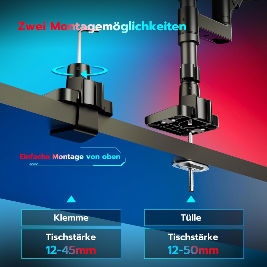 ARES WING Supporto Doppio Monitor per 17–49 Pollici (Verticale & Orizzontale) (Sistema a molla a gas Heavy Duty per due monitor fino a 20 kg ciascuno – Sovrapponibili o affiancabili.)