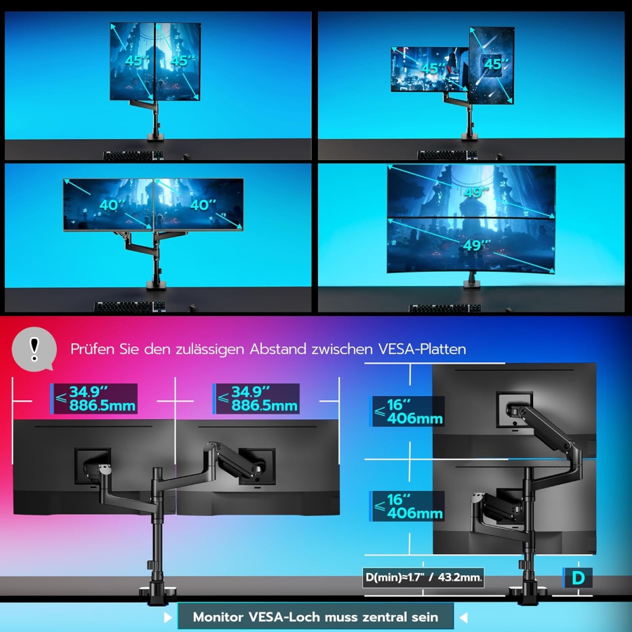 ARES WING Supporto Doppio Monitor per 17–49 Pollici (Verticale & Orizzontale) (Sistema a molla a gas Heavy Duty per due monitor fino a 20 kg ciascuno – Sovrapponibili o affiancabili.)