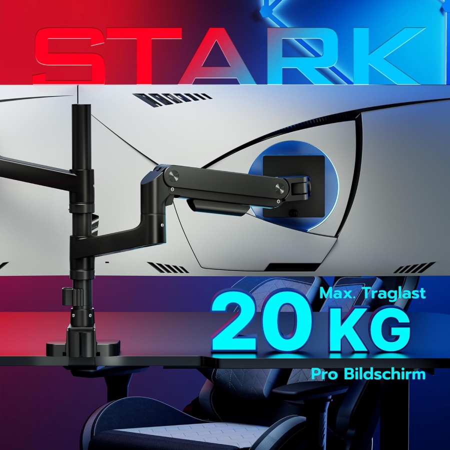 ARES WING Supporto Doppio Monitor per 17–49 Pollici (Verticale & Orizzontale) (Sistema a molla a gas Heavy Duty per due monitor fino a 20 kg ciascuno – Sovrapponibili o affiancabili.)