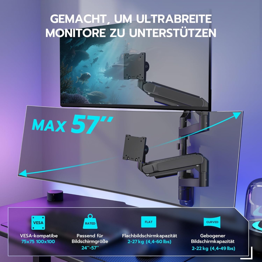 ARES WING Supporto Parete Doppio Monitor 24-57" – Molla a Gas, 27kg per Braccio, VESA 75/100 (Supporto premium a parete per due schermi Ultrawide & Curvi: Stabilità massima per il tuo setup di alto livello.)