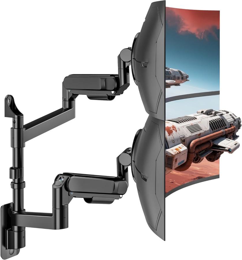 ARES WING Supporto Parete Doppio Monitor 24-57" – Molla a Gas, 27kg per Braccio, VESA 75/100 (Supporto premium a parete per due schermi Ultrawide & Curvi: Stabilità massima per il tuo setup di alto livello.)