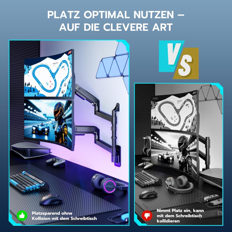 ARES WING Supporto Parete Doppio Monitor 24-57" – Molla a Gas, 27kg per Braccio, VESA 75/100 (Supporto premium a parete per due schermi Ultrawide & Curvi: Stabilità massima per il tuo setup di alto livello.)