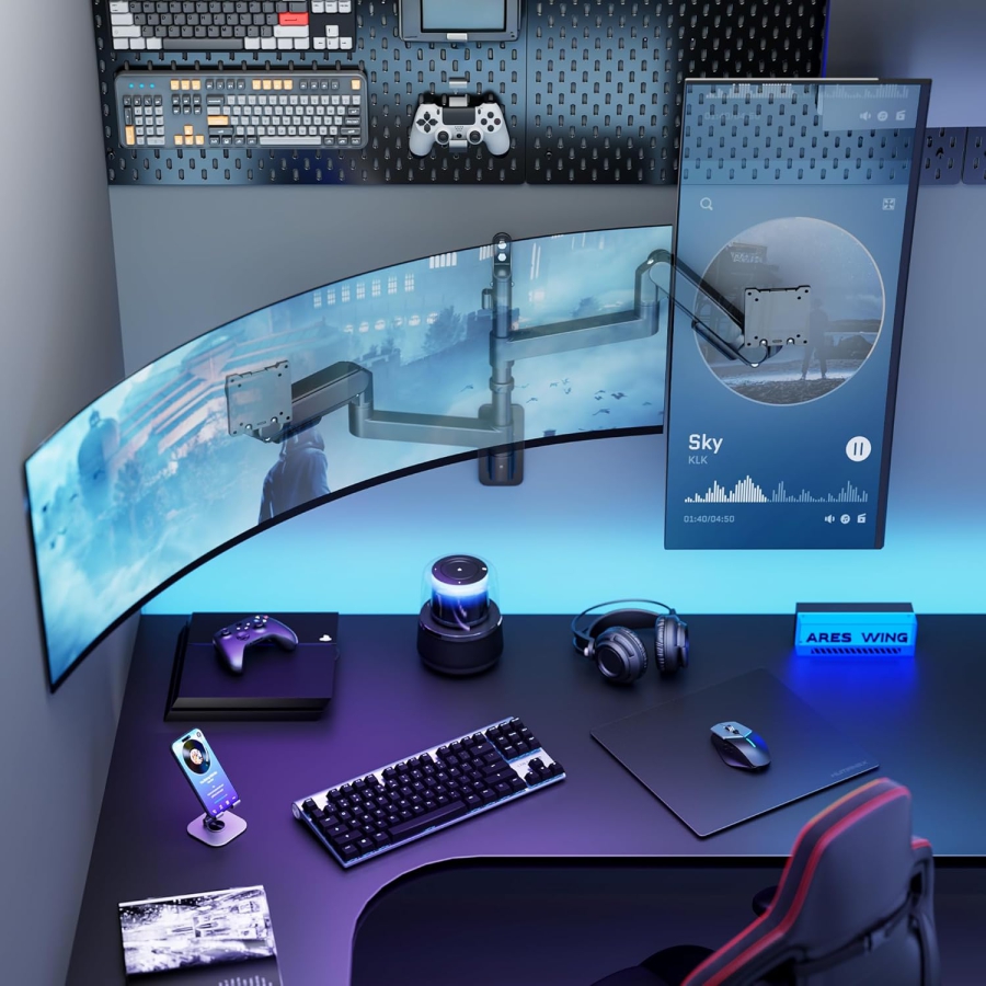 ARES WING Supporto Parete Doppio Monitor 24-57" – Molla a Gas, 27kg per Braccio, VESA 75/100 (Supporto premium a parete per due schermi Ultrawide & Curvi: Stabilità massima per il tuo setup di alto livello.)