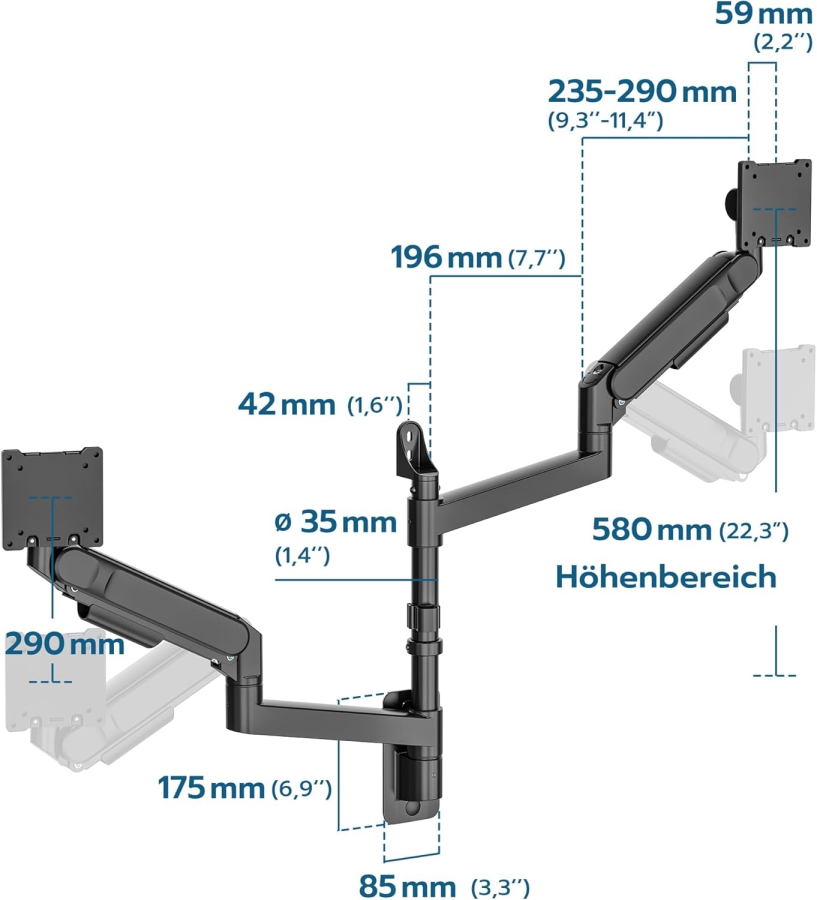 ARES WING Supporto Parete Doppio Monitor 24-57" – Molla a Gas, 27kg per Braccio, VESA 75/100 (Supporto premium a parete per due schermi Ultrawide & Curvi: Stabilità massima per il tuo setup di alto livello.)