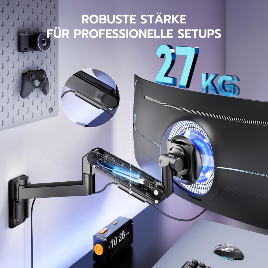 ARES WING Supporto Parete Monitor 24-57 Pollici (fino a 27kg) – Molla a Gas (Braccio a parete Heavy Duty per schermi Ultrawide & Curvi.)