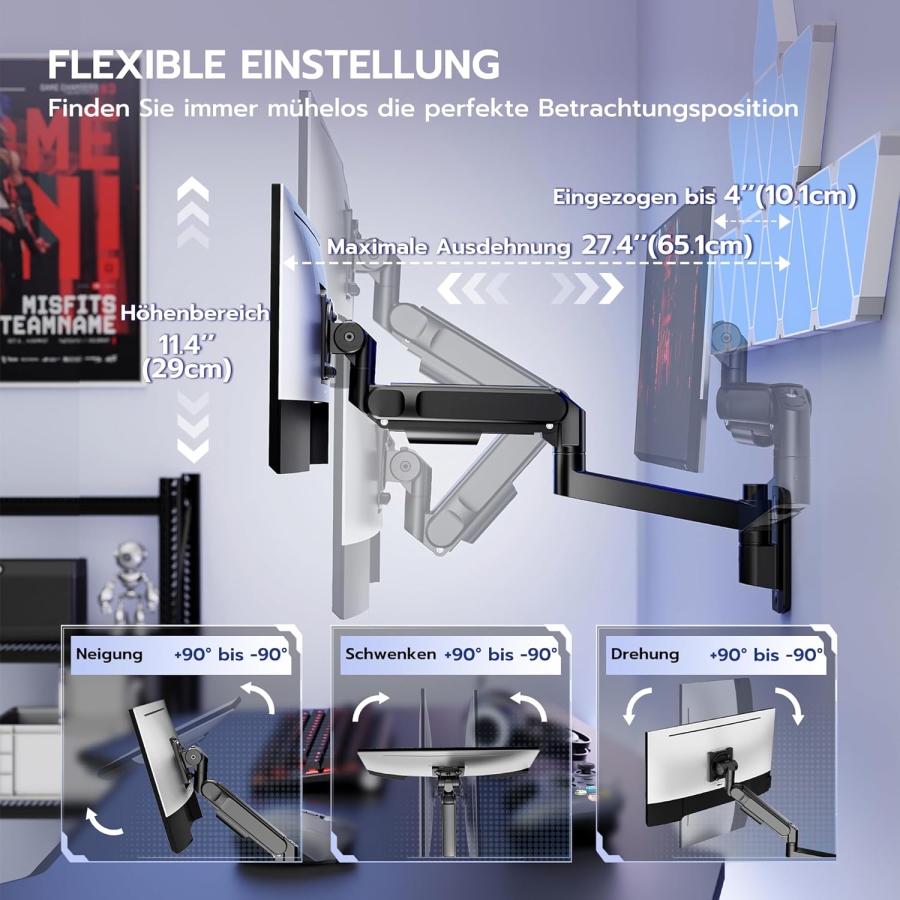 ARES WING Supporto Parete Monitor 24-57 Pollici (fino a 27kg) – Molla a Gas (Braccio a parete Heavy Duty per schermi Ultrawide & Curvi.)