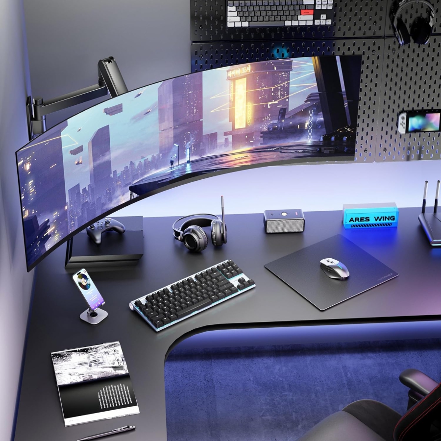 ARES WING Supporto Parete Monitor 24-57 Pollici (fino a 27kg) – Molla a Gas (Braccio a parete Heavy Duty per schermi Ultrawide & Curvi.)