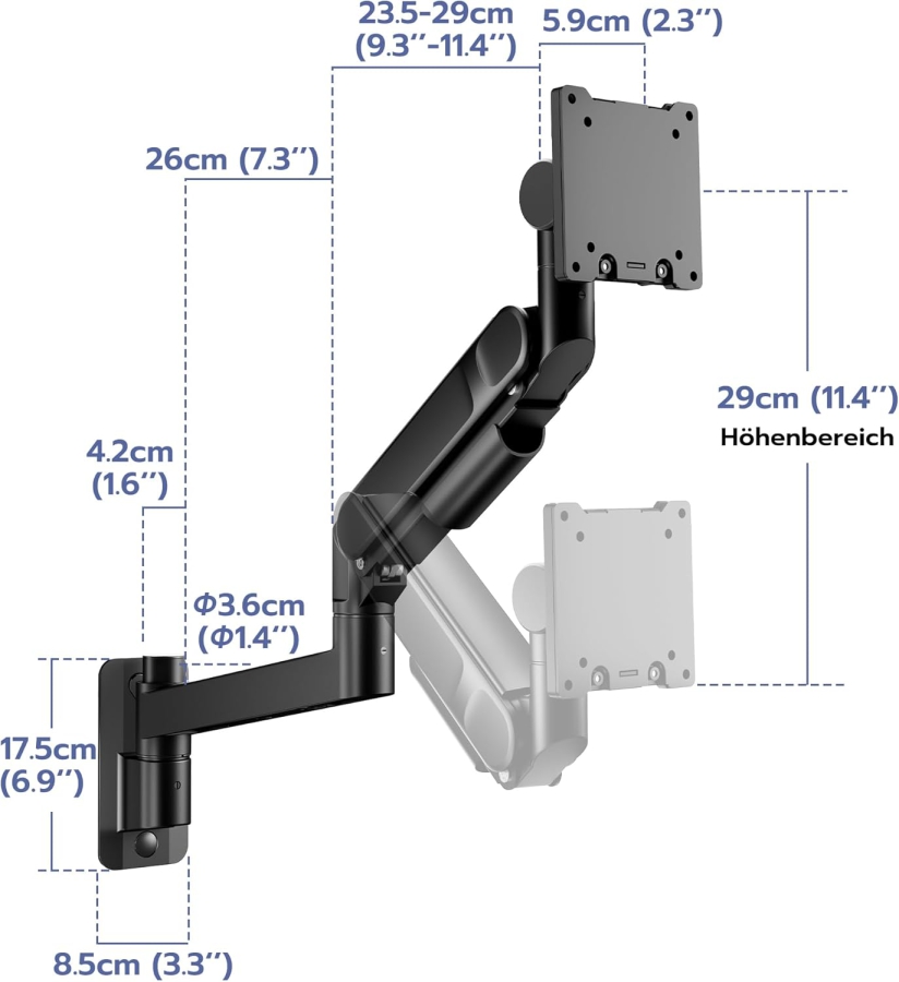 ARES WING Supporto Parete Monitor 24-57 Pollici (fino a 27kg) – Molla a Gas (Braccio a parete Heavy Duty per schermi Ultrawide & Curvi.)