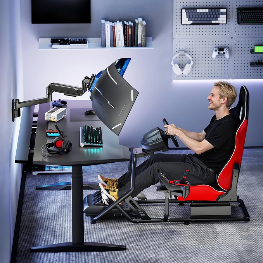 ARES WING Supporto Parete Monitor 24-57 Pollici (fino a 27kg) – Molla a Gas (Braccio a parete Heavy Duty per schermi Ultrawide & Curvi.)