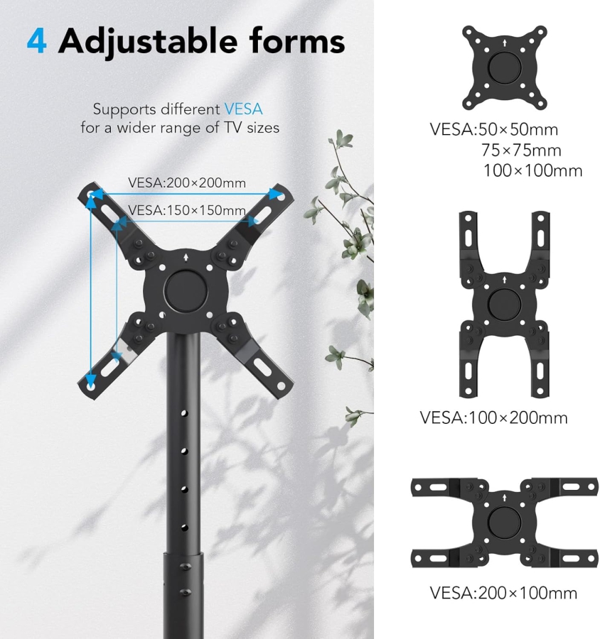 AX WABER Supporto TV Mobile per TV da 13–50 Pollici (Regolabile in Altezza) (Carrello TV flessibile con regolazione in altezza su 8 livelli e angolo di inclinazione per LCD/LED/OLED.)