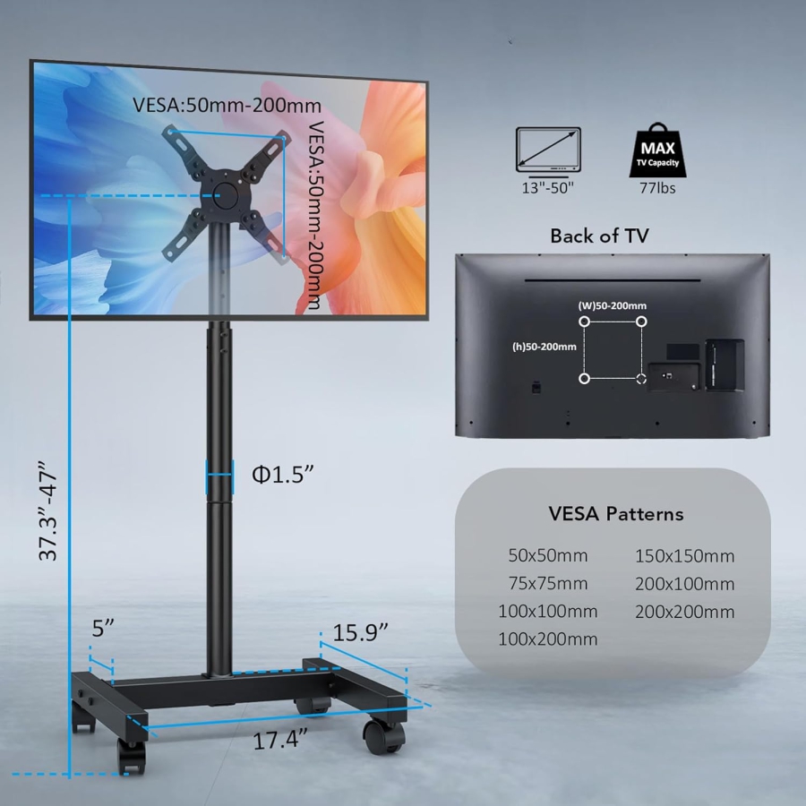 AX WABER Supporto TV Mobile per TV da 13–50 Pollici (Regolabile in Altezza) (Carrello TV flessibile con regolazione in altezza su 8 livelli e angolo di inclinazione per LCD/LED/OLED.)