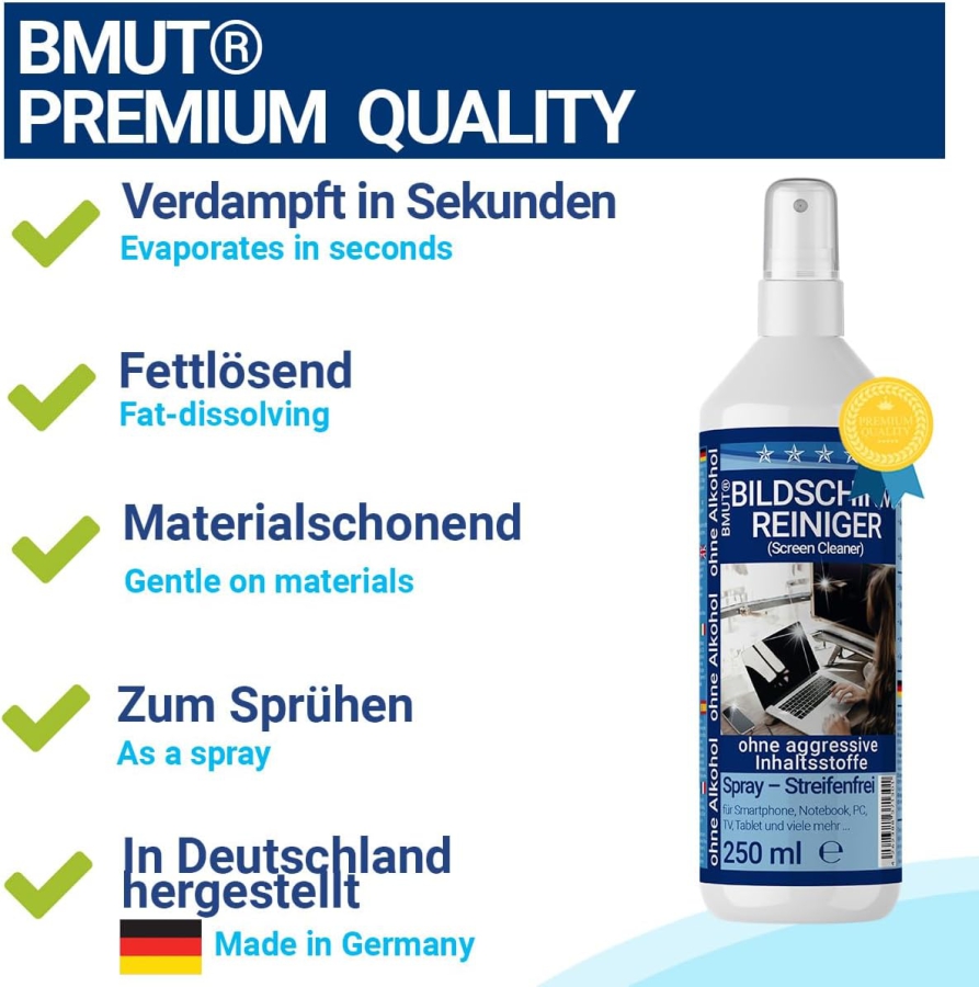 BMUT Set Premium Pulizia Schermo (250ml) incl. Panno in Microfibra XXL & Pennello (Made in Germany: Pulizia senza aloni per LCD, OLED, TV & Cellulari – Senza alcol contro le impronte digitali.)
