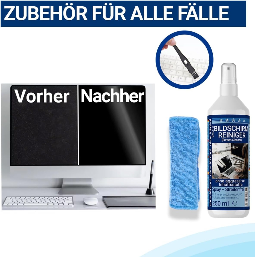 BMUT Set Premium Pulizia Schermo (250ml) incl. Panno in Microfibra XXL & Pennello (Made in Germany: Pulizia senza aloni per LCD, OLED, TV & Cellulari – Senza alcol contro le impronte digitali.)