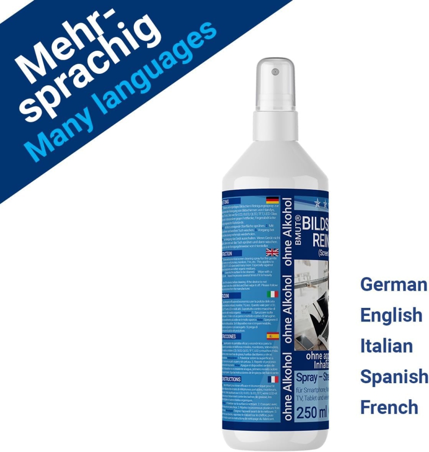 BMUT Set Premium Pulizia Schermo (250ml) incl. Panno in Microfibra XXL & Pennello (Made in Germany: Pulizia senza aloni per LCD, OLED, TV & Cellulari – Senza alcol contro le impronte digitali.)