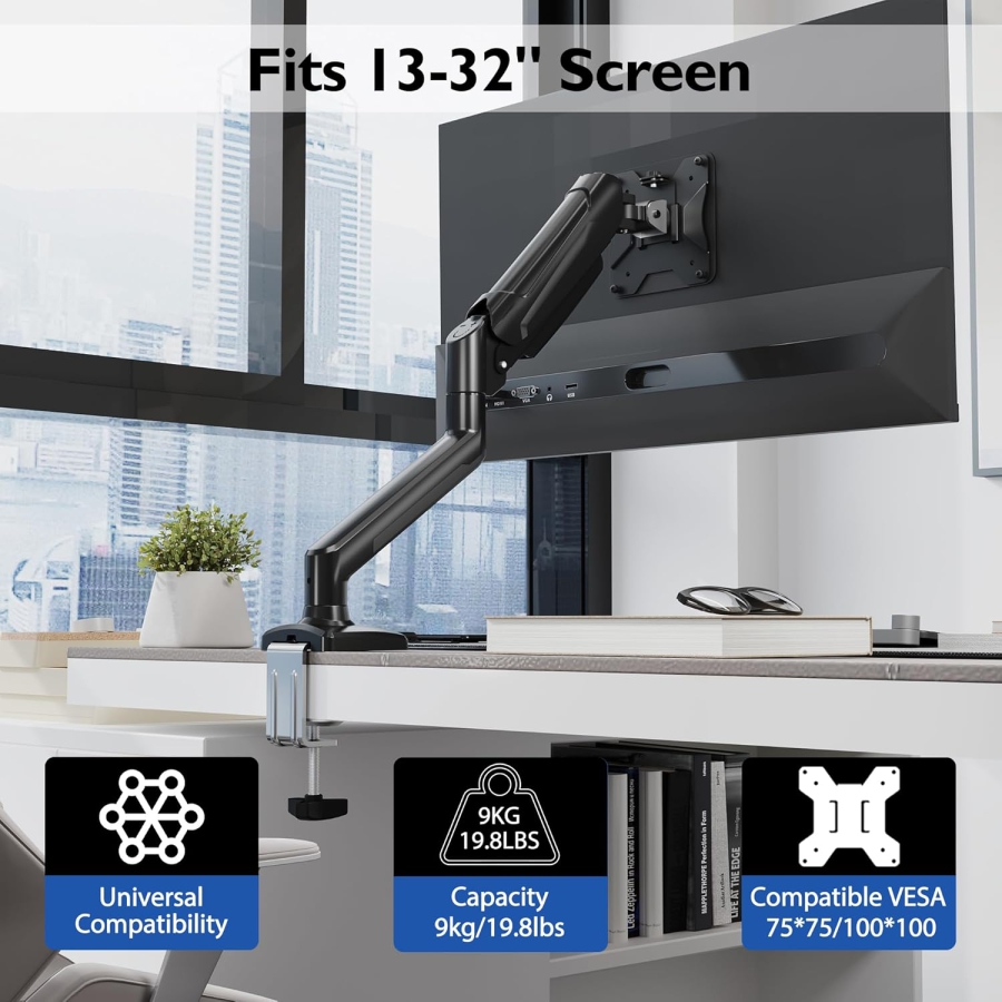 BONTEC Braccio Monitor a Molla a Gas 13–32" | 3–9 kg (Braccio monitor ergonomico a molla a gas: Estremamente durevole, stabile e con montaggio lampo.)