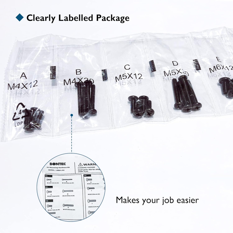 BONTEC Set di Viti VESA Universali per TV fino a 80 Pollici (M4, M5, M6, M8) (Kit di montaggio completo per supporti a parete e piedistalli – Incl. distanziatori e rondelle)