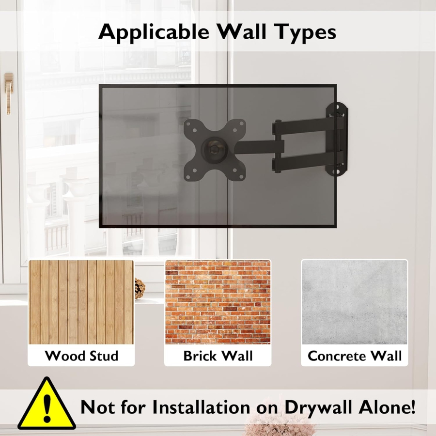 BONTEC Supporto a Parete per Monitor PC & TV Girevole Inclinabile (13-30 Pollici) (Piena mobilità: VESA 75x75/100x100 mm, carico fino a 15 kg – Incl. livella a bolla.)