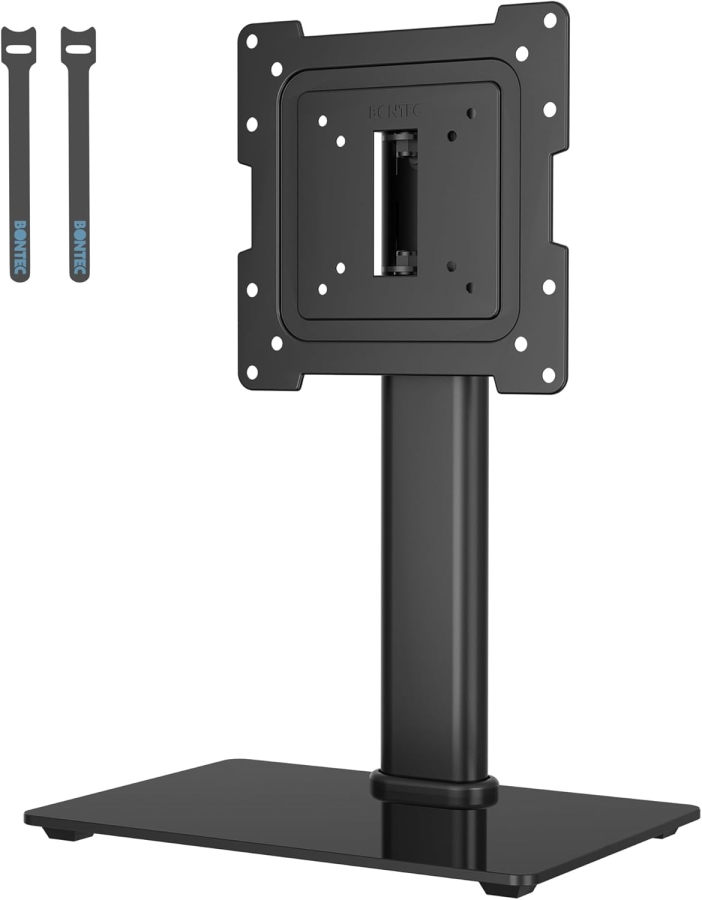 BONTEC Supporto TV & Monitor per 17–43 Pollici (Girevole & Regolabile in Altezza) (Robusto supporto da tavolo con base in vetro per dispositivi fino a 45 kg – VESA max. 200x200 mm)