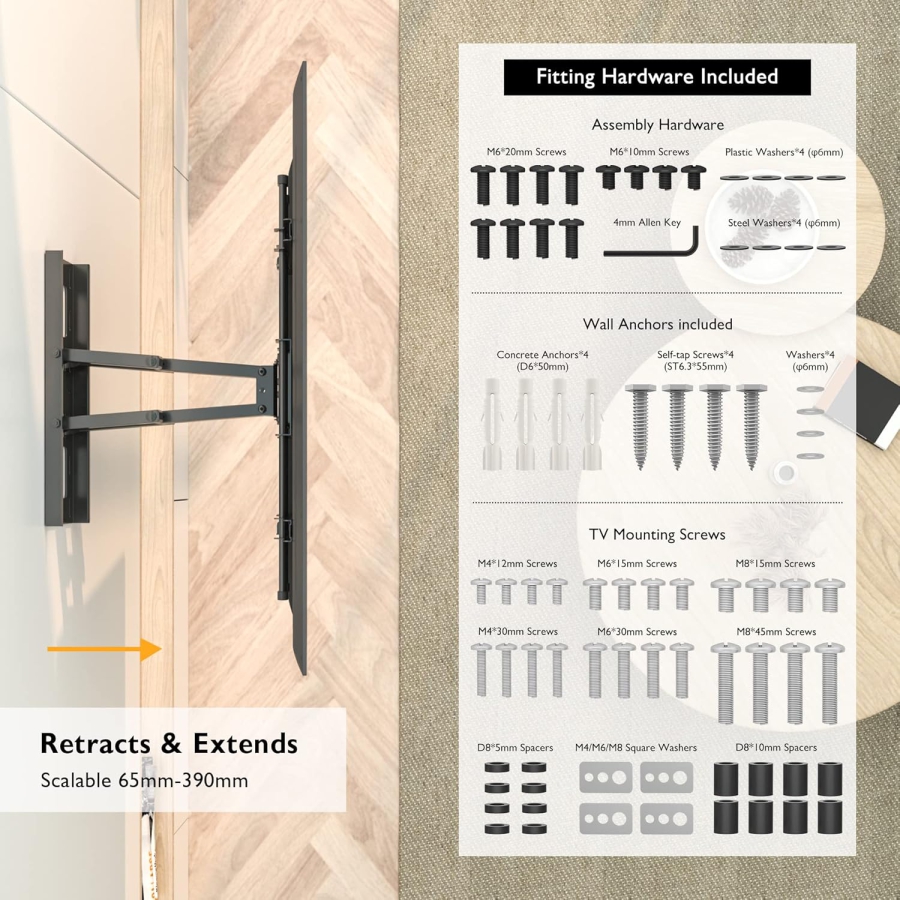 BONTEC Supporto TV a Parete Girevole & Inclinabile per 32-85 Pollici (Max. 60 kg) (Stabile supporto a doppio braccio per TV piatti & curvi – VESA 600x400, Estensibile fino a 39 cm.)