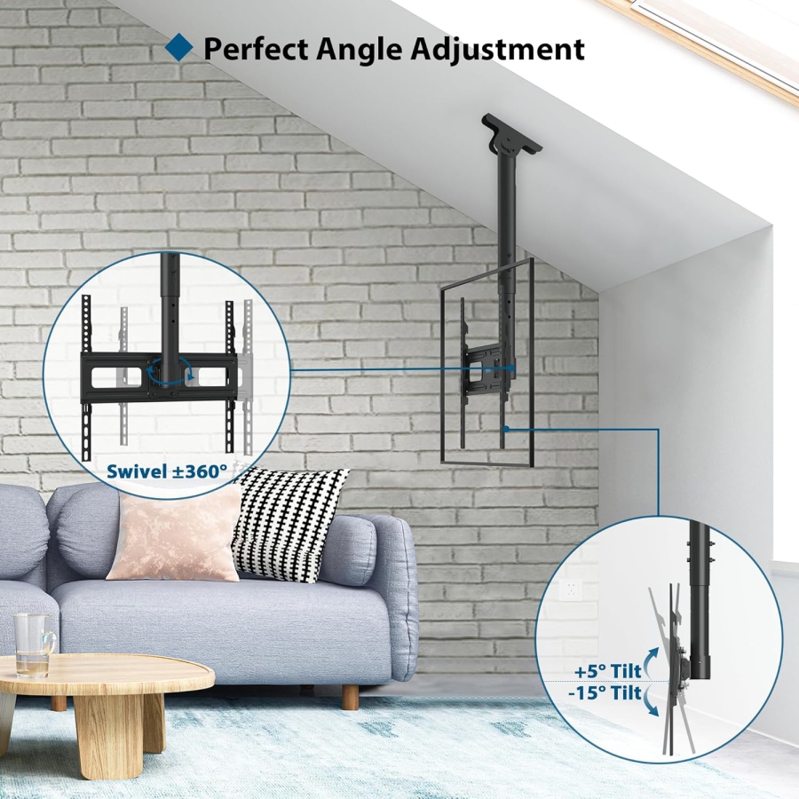 BONTEC Supporto TV da Soffitto per 26–65 Pollici (Inclinabile, Girevole & per Soffitti Inclinati) (Montaggio a soffitto regolabile in altezza fino a 45 kg – Ideale per Home Cinema, Ufficio e Soffitti Inclinati.)