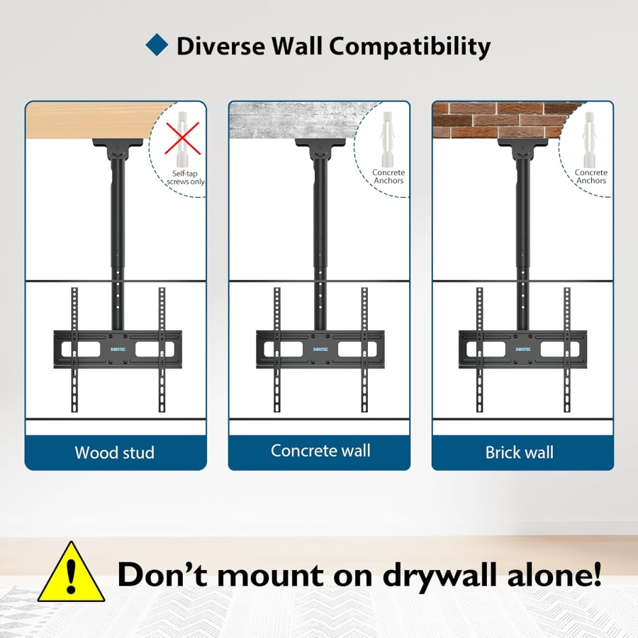 BONTEC Supporto TV da Soffitto per 26–65 Pollici (Inclinabile, Girevole & per Soffitti Inclinati) (Montaggio a soffitto regolabile in altezza fino a 45 kg – Ideale per Home Cinema, Ufficio e Soffitti Inclinati.)