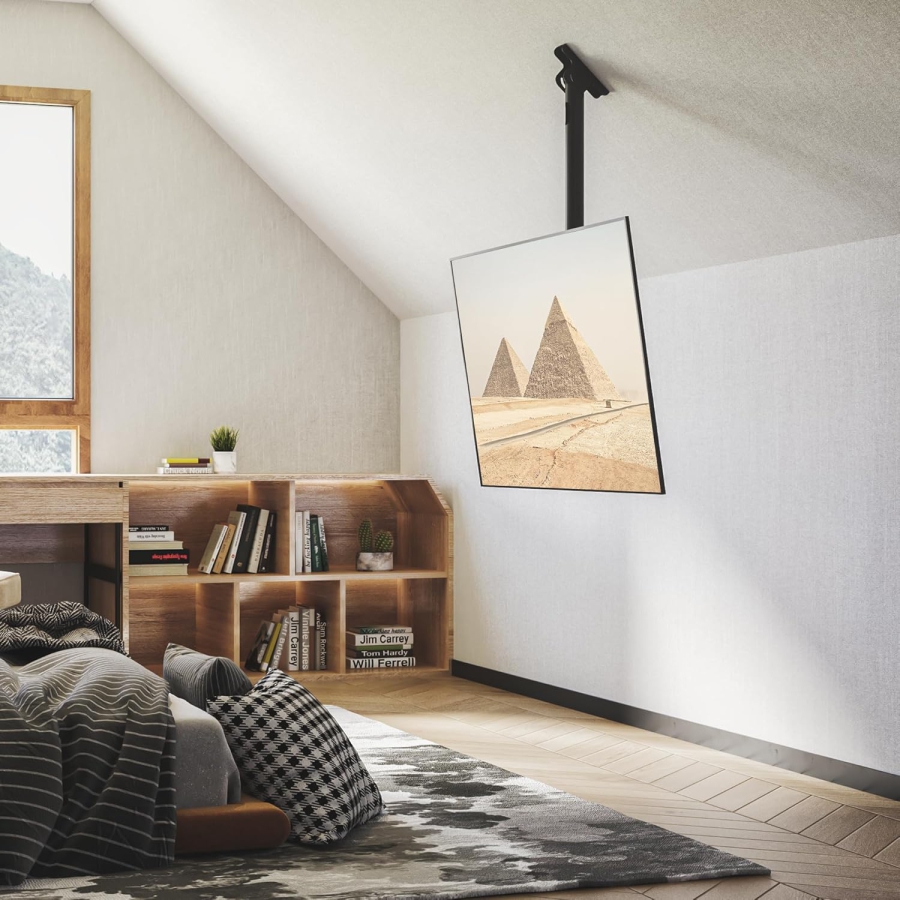 BONTEC Supporto TV da Soffitto per 26–65 Pollici (Inclinabile, Girevole & per Soffitti Inclinati) (Montaggio a soffitto regolabile in altezza fino a 45 kg – Ideale per Home Cinema, Ufficio e Soffitti Inclinati.)