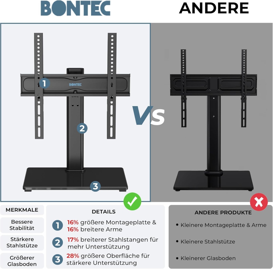 BONTEC Supporto TV Universale per TV da 24–60 Pollici (Girevole & Regolabile in Altezza) (Supporto TV stabile con base in vetro di sicurezza da 8mm per TV fino a 45 kg – VESA max. 400x400 mm)