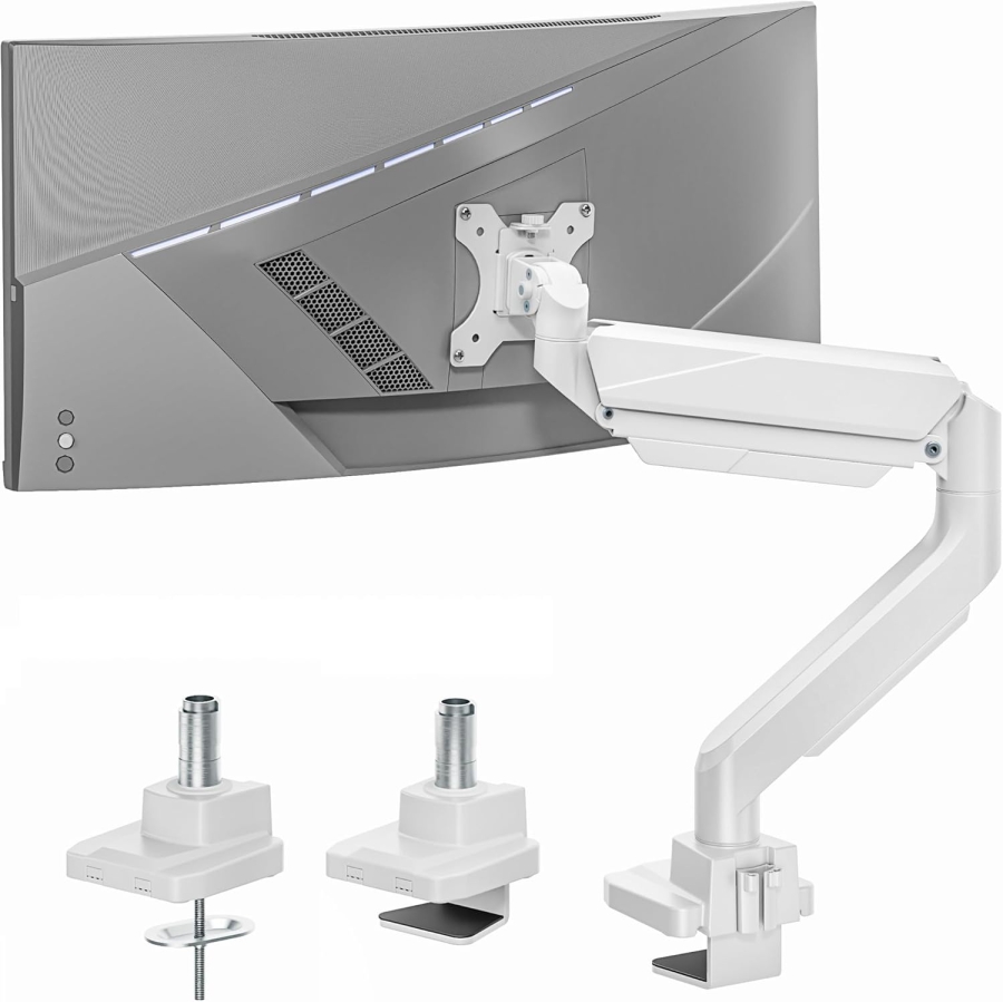 Braccio per monitor ARES WING Bianco 17–49" | fino a 18 kg (Supporto Ergonomico a Molla a Gas per Display Ultrawide & Curvi – VESA 75/100.)