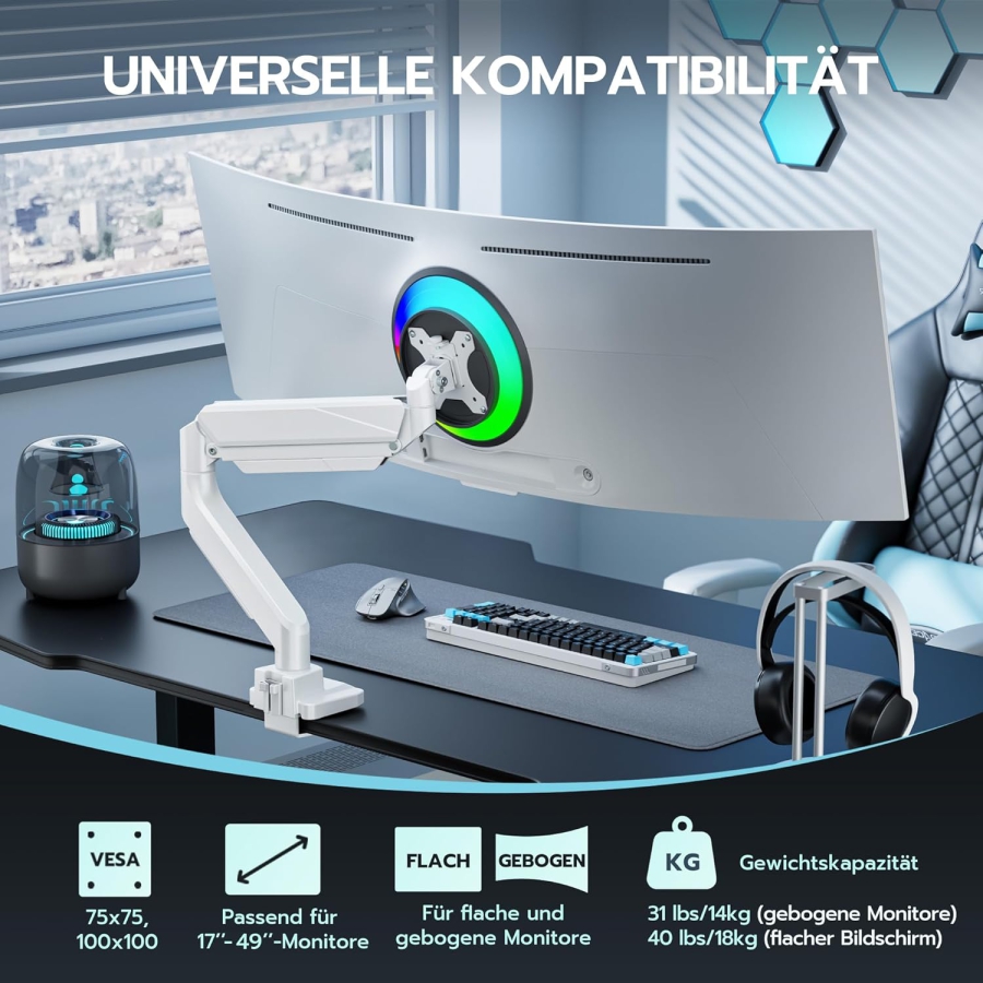 Braccio per monitor ARES WING Bianco 17–49" | fino a 18 kg (Supporto Ergonomico a Molla a Gas per Display Ultrawide & Curvi – VESA 75/100.)